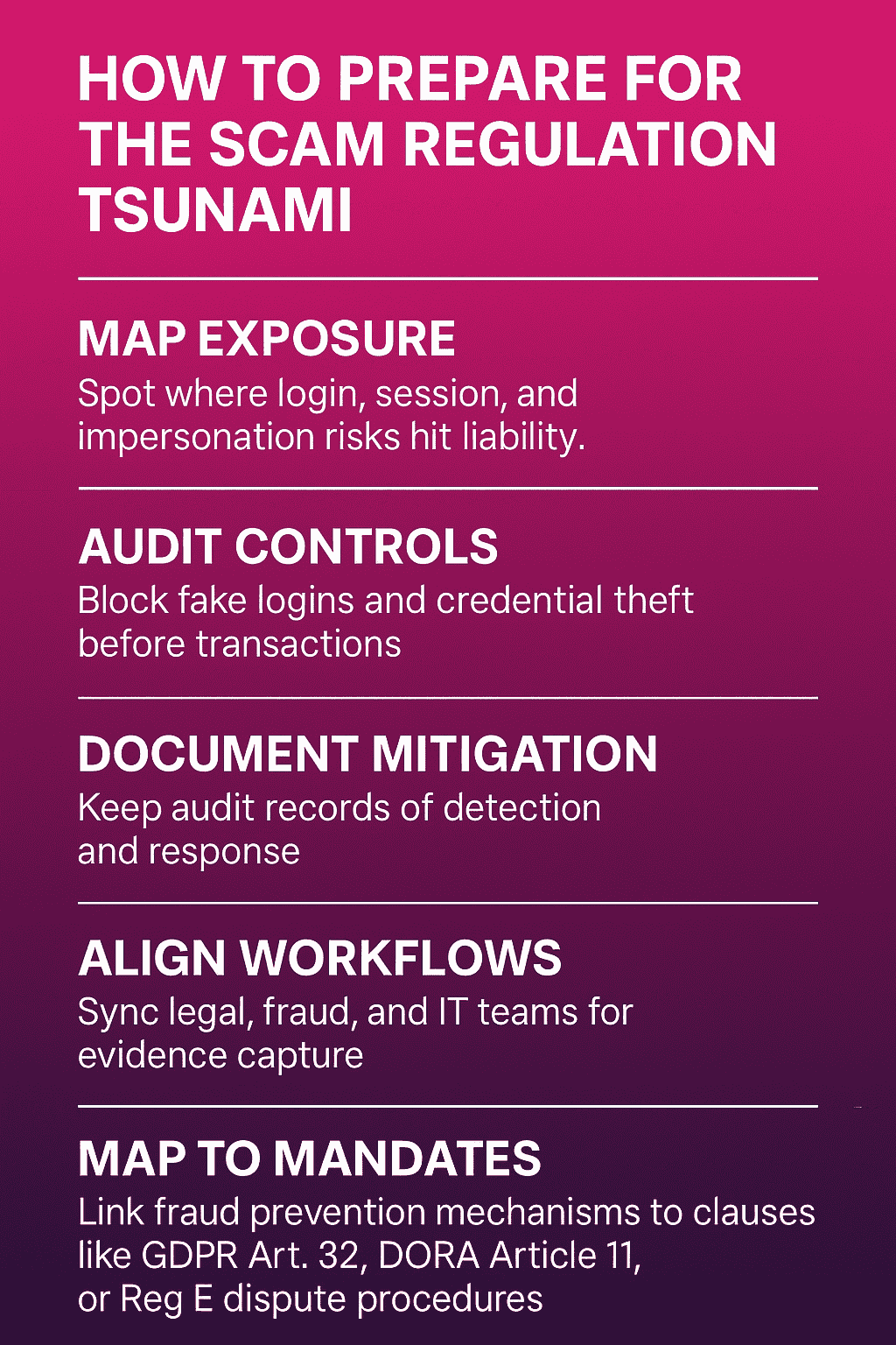 Infographic-style blog header with gradient magenta background and bold white title: From Risk to Liability – What Every Enterprise Must Do to Meet Global Scam Regulations.